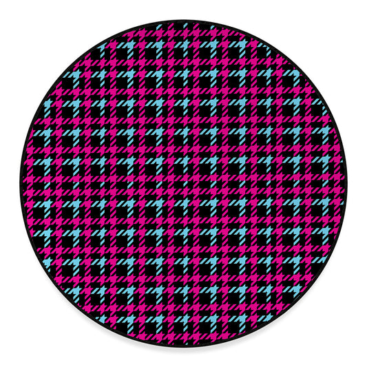 Blue Pink And Black Houndstooth Print Round Floor Mat
