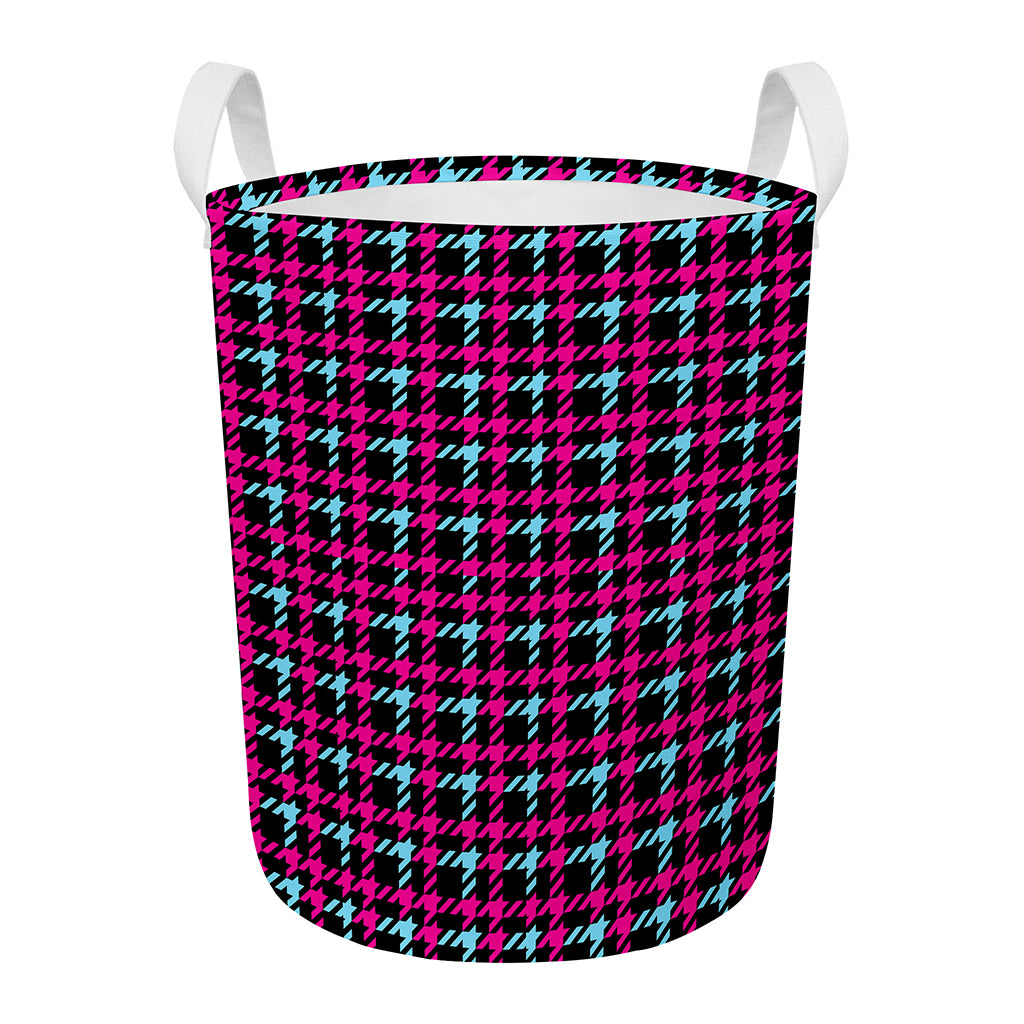 Blue Pink And Black Houndstooth Print Round Laundry Basket