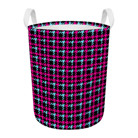 Blue Pink And Black Houndstooth Print Round Laundry Basket