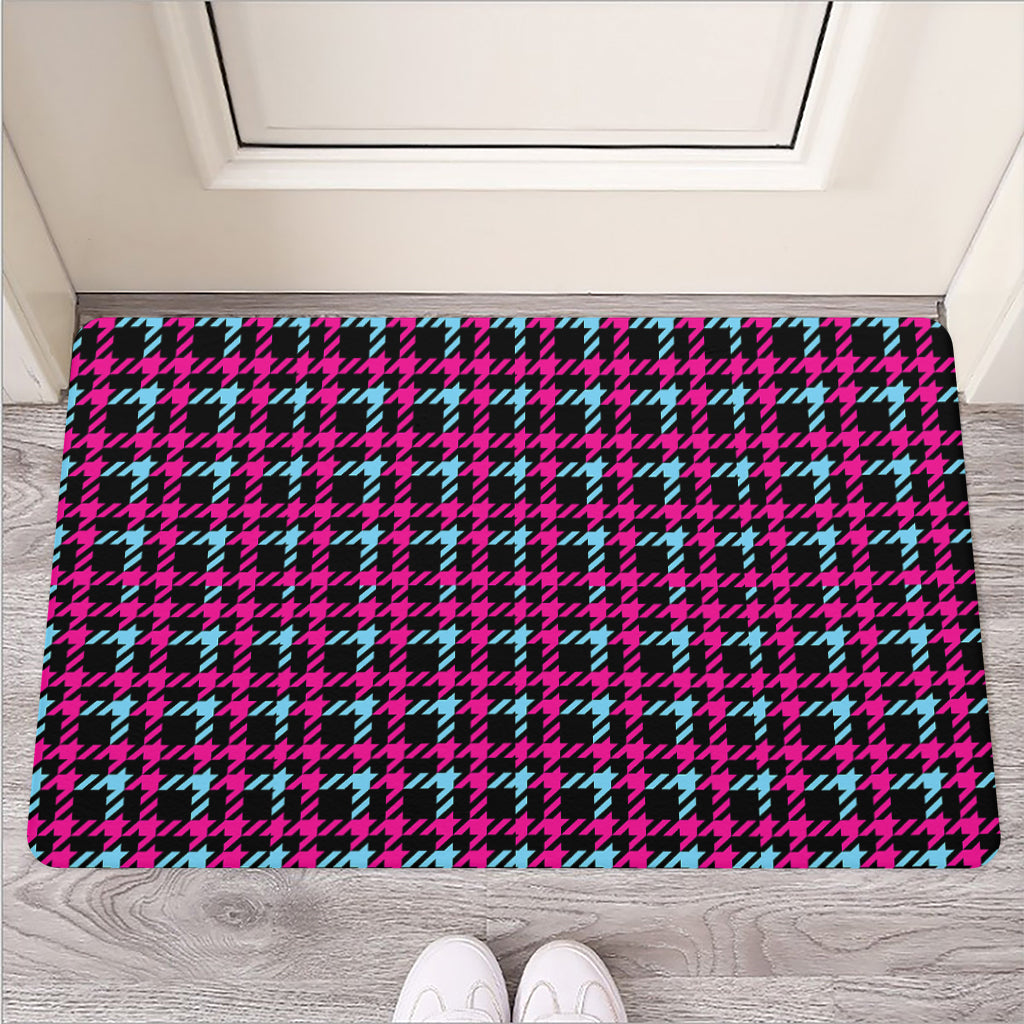 Blue Pink And Black Houndstooth Print Rubber Doormat