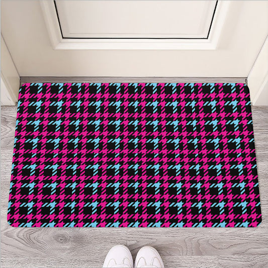 Blue Pink And Black Houndstooth Print Rubber Doormat