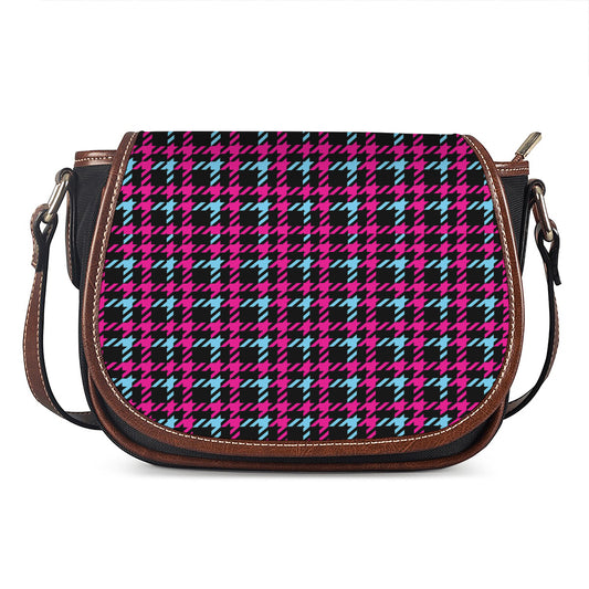 Blue Pink And Black Houndstooth Print Saddle Bag
