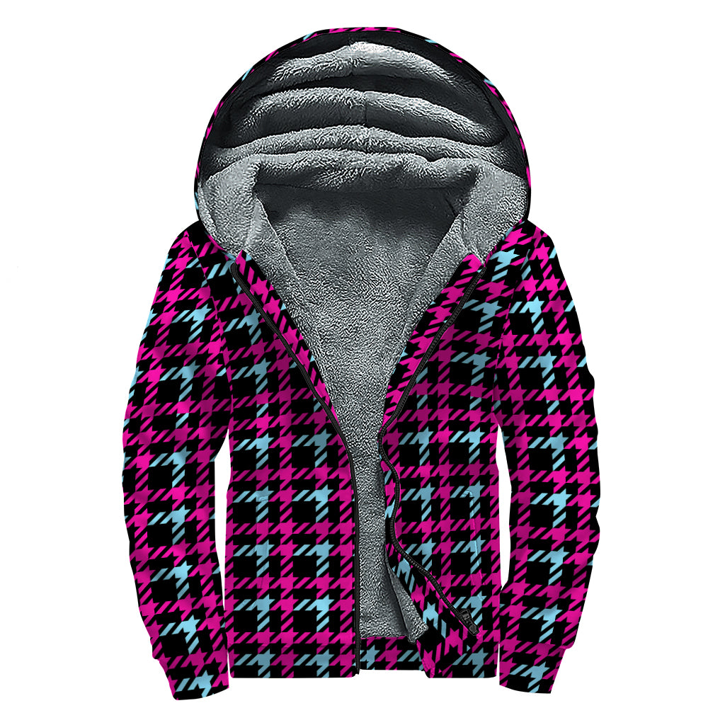 Blue Pink And Black Houndstooth Print Sherpa Lined Zip Up Hoodie