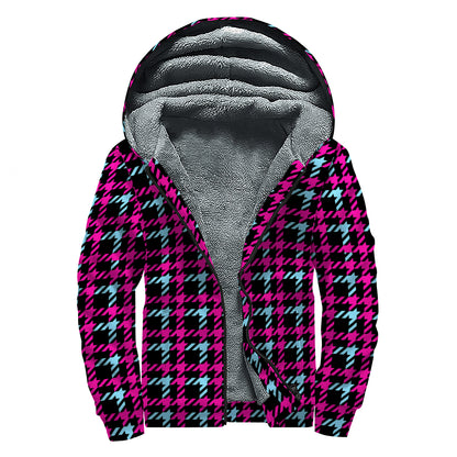 Blue Pink And Black Houndstooth Print Sherpa Lined Zip Up Hoodie