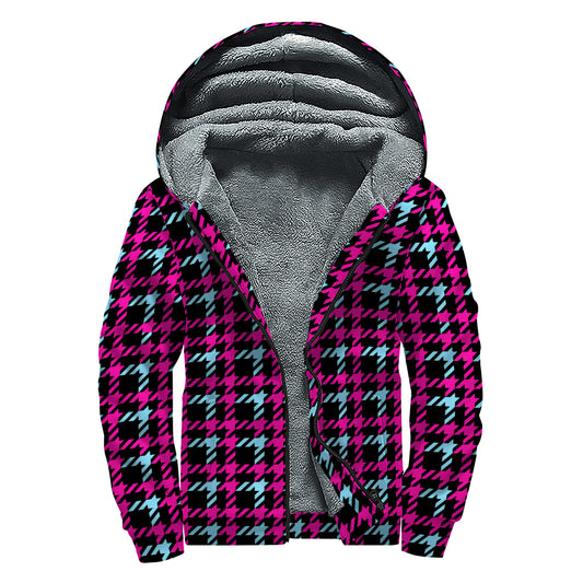 Blue Pink And Black Houndstooth Print Sherpa Lined Zip Up Hoodie