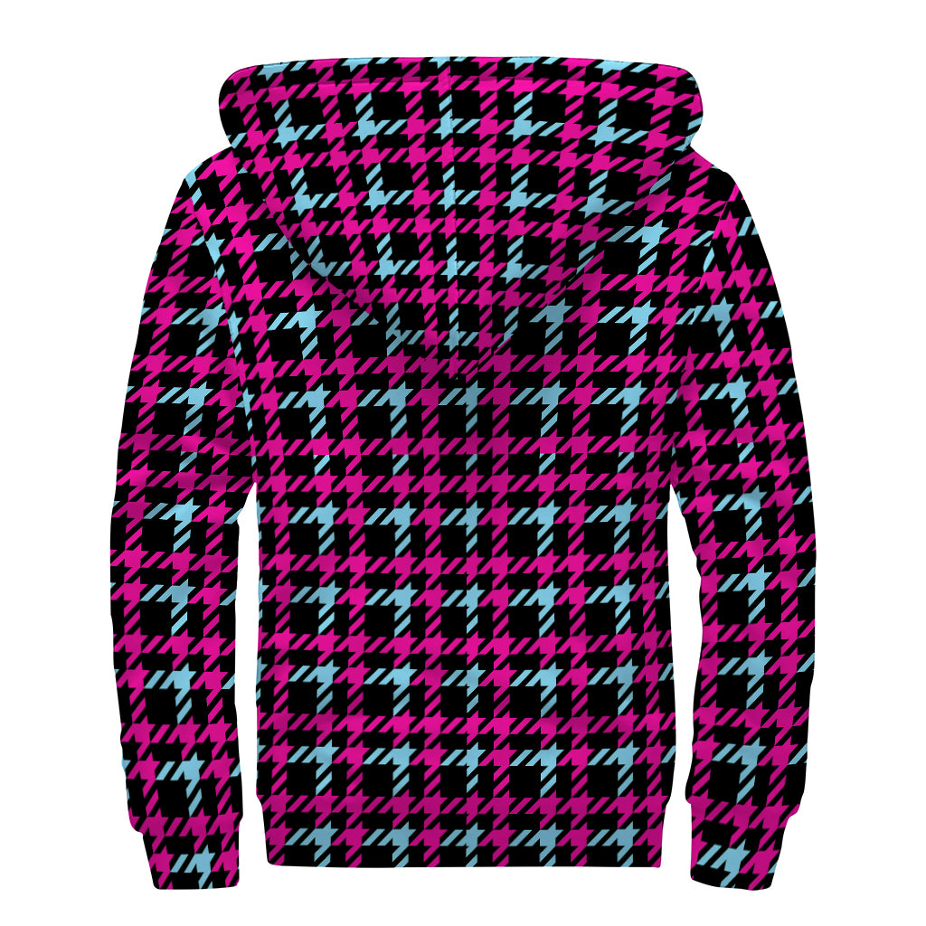 Blue Pink And Black Houndstooth Print Sherpa Lined Zip Up Hoodie