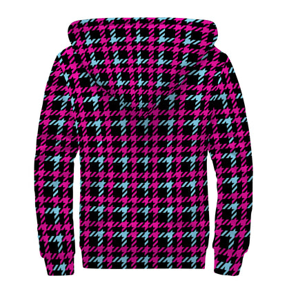 Blue Pink And Black Houndstooth Print Sherpa Lined Zip Up Hoodie