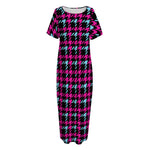 Blue Pink And Black Houndstooth Print Short Sleeve Long Nightdress