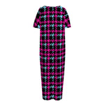 Blue Pink And Black Houndstooth Print Short Sleeve Long Nightdress