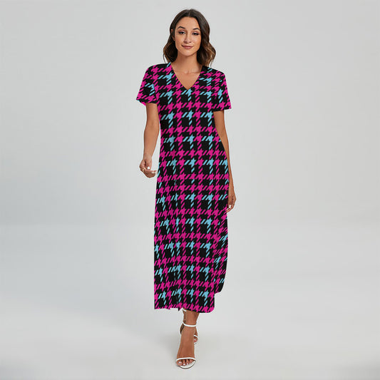 Blue Pink And Black Houndstooth Print Short Sleeve Maxi Dress