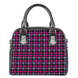 Blue Pink And Black Houndstooth Print Shoulder Handbag