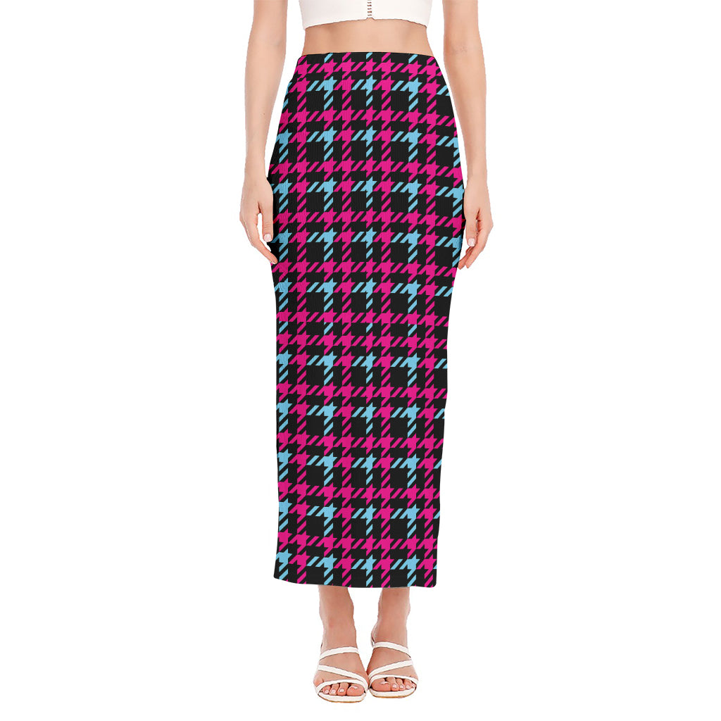 Blue Pink And Black Houndstooth Print Side Slit Maxi Skirt