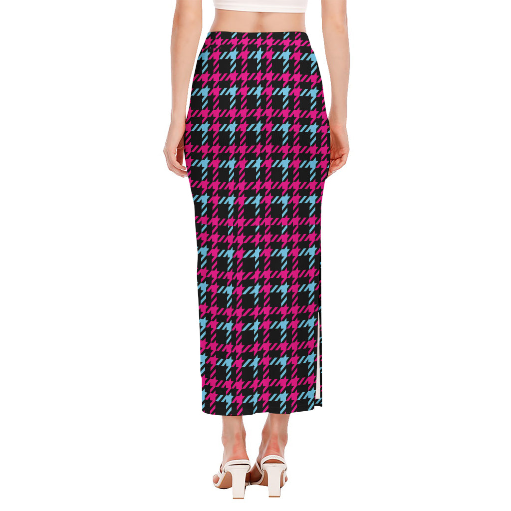 Blue Pink And Black Houndstooth Print Side Slit Maxi Skirt