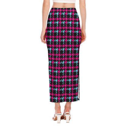 Blue Pink And Black Houndstooth Print Side Slit Maxi Skirt
