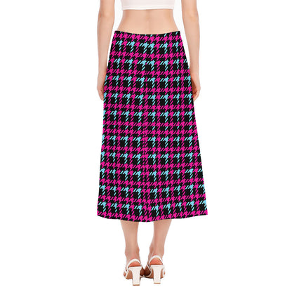 Blue Pink And Black Houndstooth Print Side Slit Midi Skirt