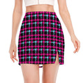 Blue Pink And Black Houndstooth Print Side Slit Mini Skirt
