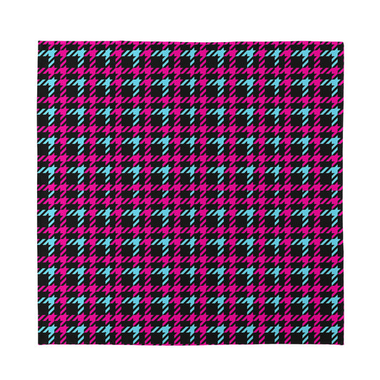 Blue Pink And Black Houndstooth Print Silk Bandana