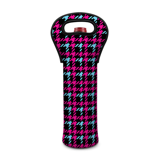 Blue Pink And Black Houndstooth Print Single Neoprene Wine Tote