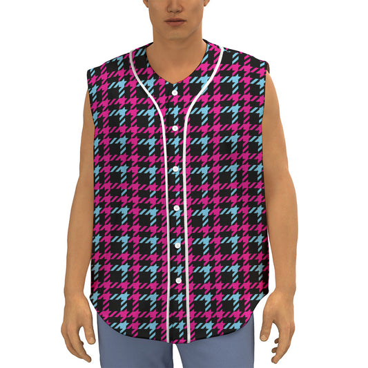 Blue Pink And Black Houndstooth Print Sleeveless Baseball Jersey