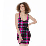 Blue Pink And Black Houndstooth Print Sleeveless Bodycon Dress