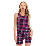 Blue Pink And Black Houndstooth Print Sleeveless One Piece Swimsuit