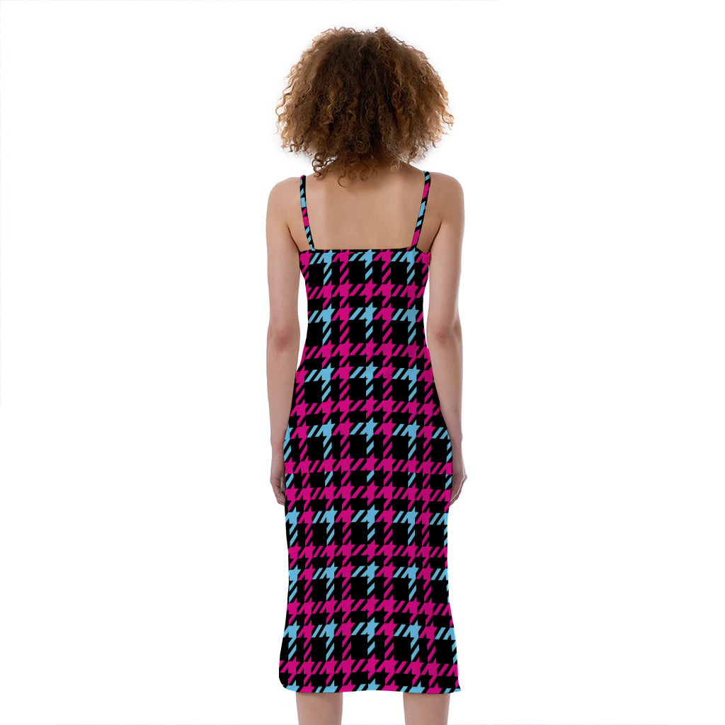 Blue Pink And Black Houndstooth Print Slim Fit Midi Cami Dress
