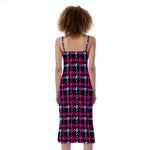 Blue Pink And Black Houndstooth Print Slim Fit Midi Cami Dress