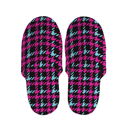 Blue Pink And Black Houndstooth Print Slippers