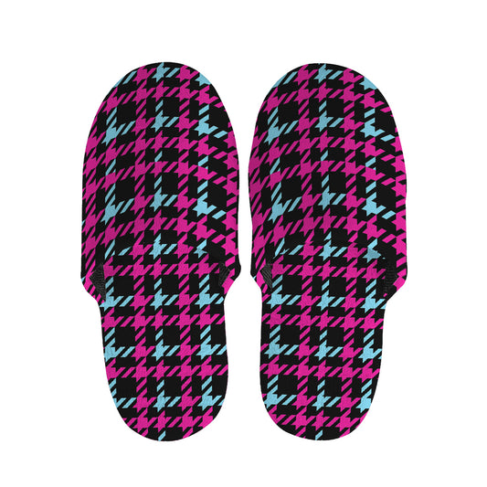 Blue Pink And Black Houndstooth Print Slippers