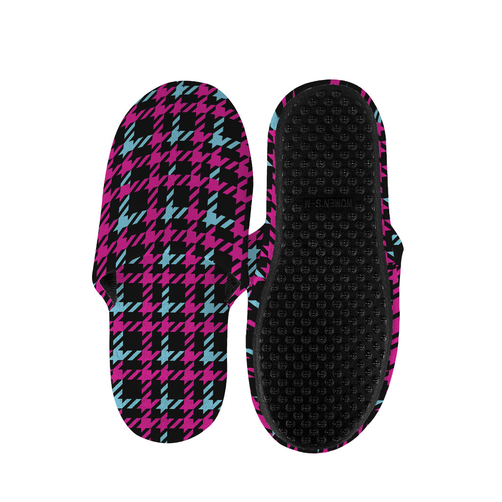 Blue Pink And Black Houndstooth Print Slippers