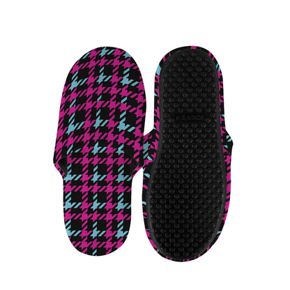 Blue Pink And Black Houndstooth Print Slippers