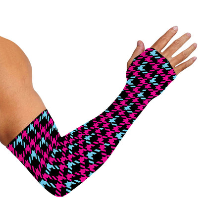 Blue Pink And Black Houndstooth Print Sun Protection Arm Sleeves