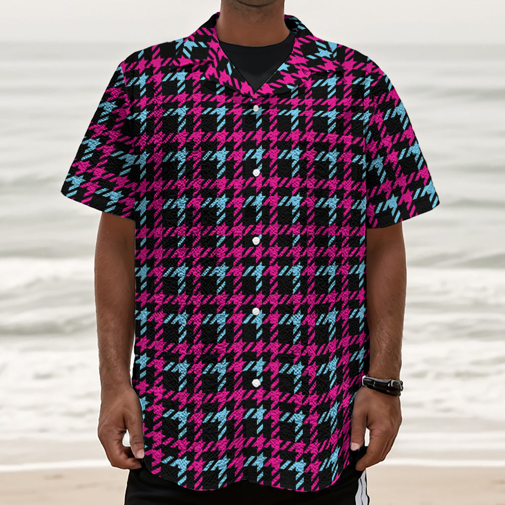 Blue Pink And Black Houndstooth Print Textured Short Sleeve Shirt