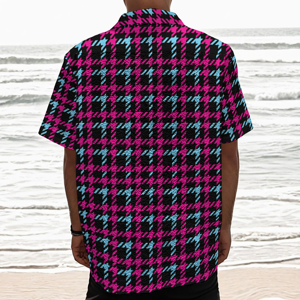 Blue Pink And Black Houndstooth Print Textured Short Sleeve Shirt