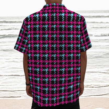 Blue Pink And Black Houndstooth Print Textured Short Sleeve Shirt