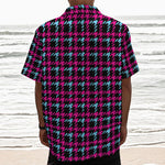 Blue Pink And Black Houndstooth Print Textured Short Sleeve Shirt