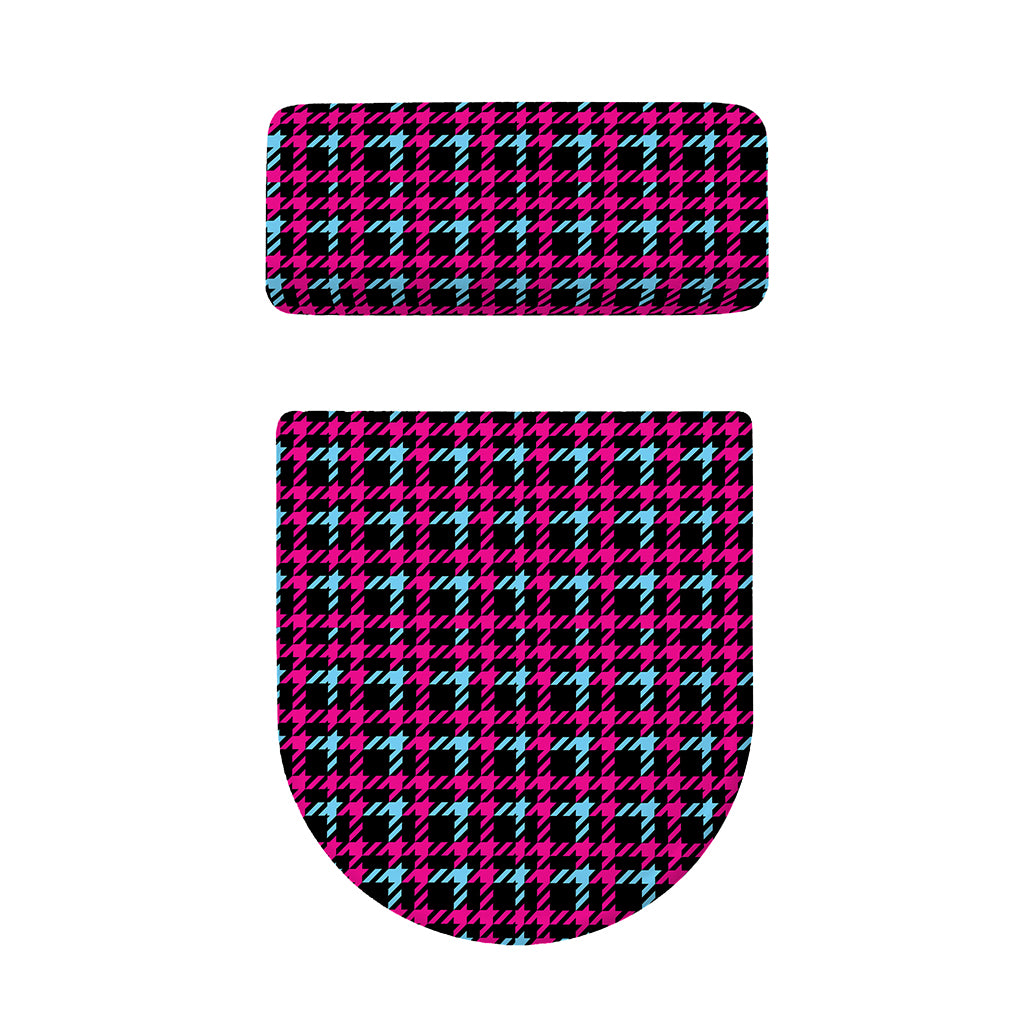 Blue Pink And Black Houndstooth Print Toilet Lid And Tank Cover Set