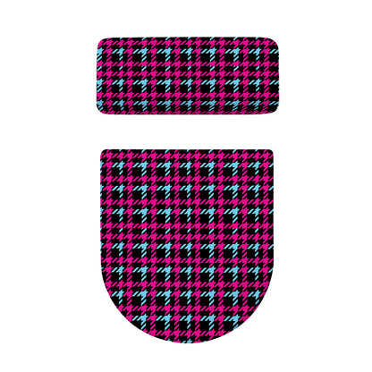 Blue Pink And Black Houndstooth Print Toilet Lid And Tank Cover Set