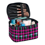 Blue Pink And Black Houndstooth Print Travel Makeup Bag