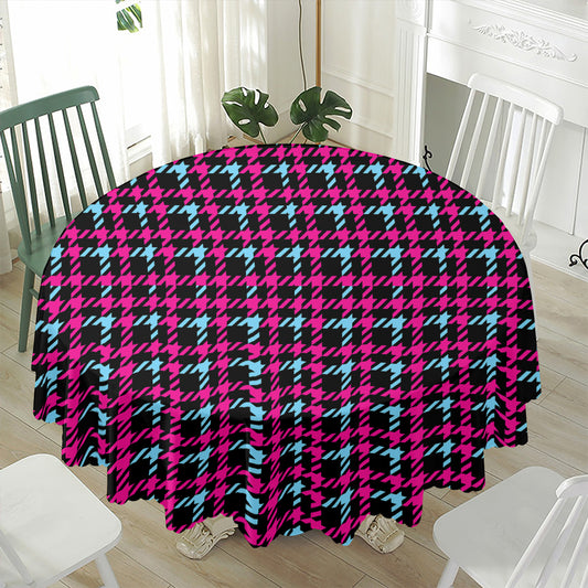 Blue Pink And Black Houndstooth Print Waterproof Round Tablecloth
