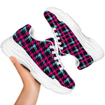 Blue Pink And Black Houndstooth Print White Chunky Shoes