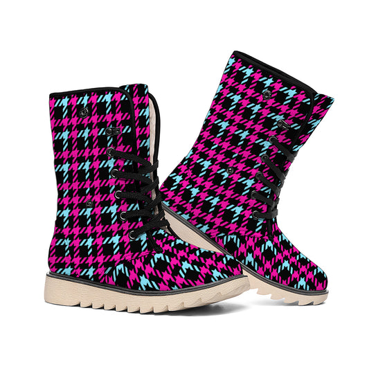 Blue Pink And Black Houndstooth Print Winter Boots