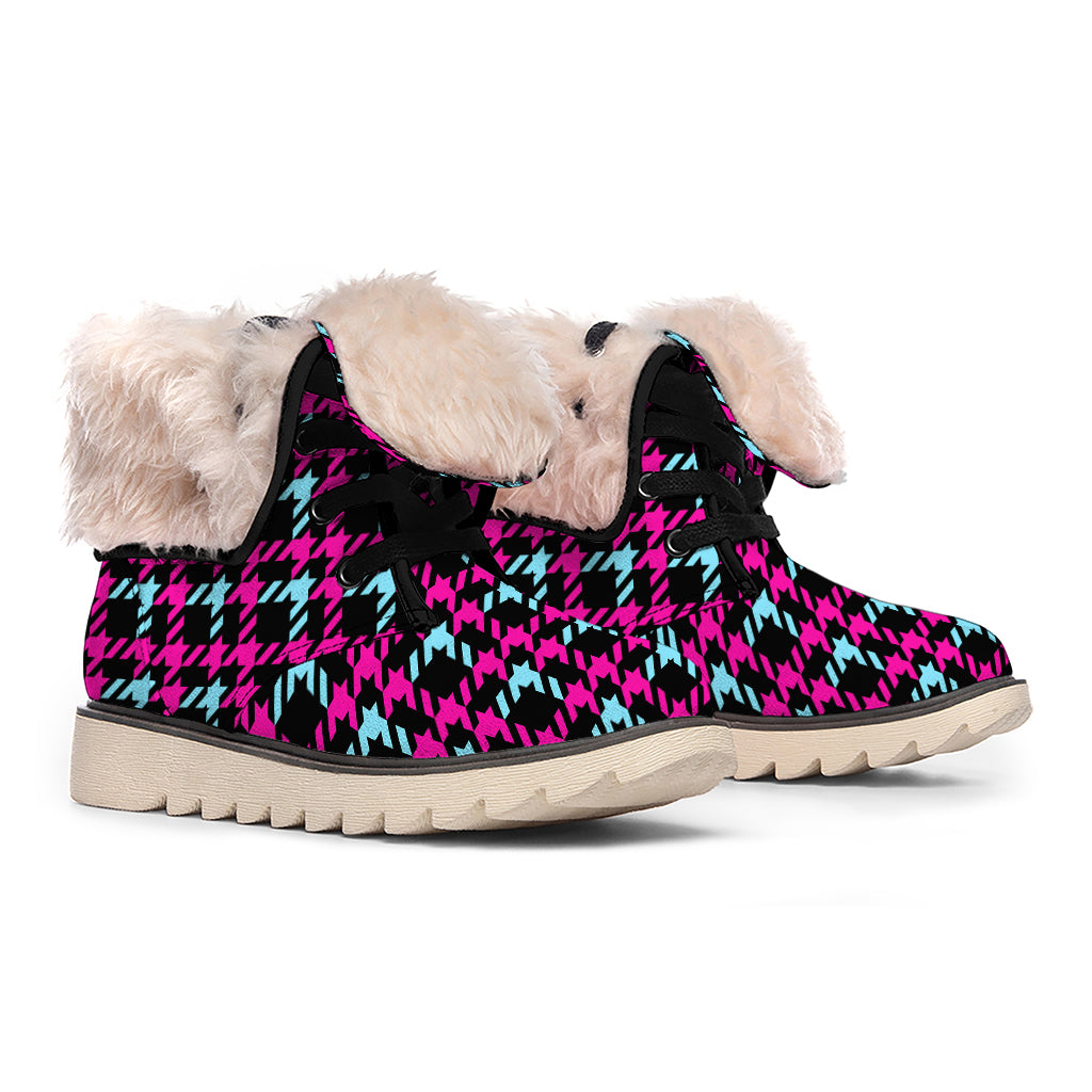 Blue Pink And Black Houndstooth Print Winter Boots