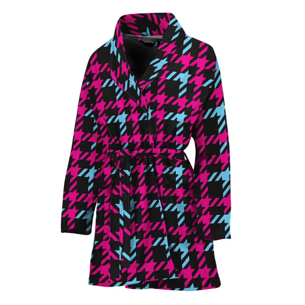 Blue Pink And Black Houndstooth Print Women's Bathrobe