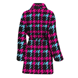 Blue Pink And Black Houndstooth Print Women's Bathrobe