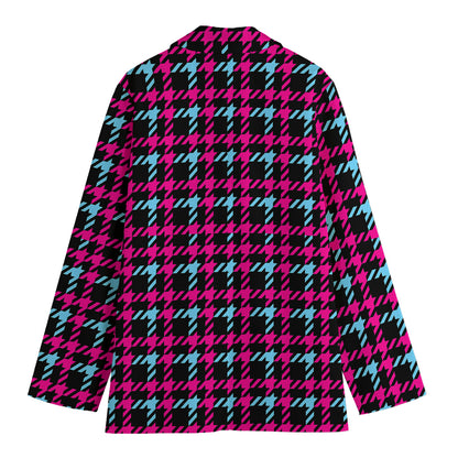Blue Pink And Black Houndstooth Print Women's Blazer