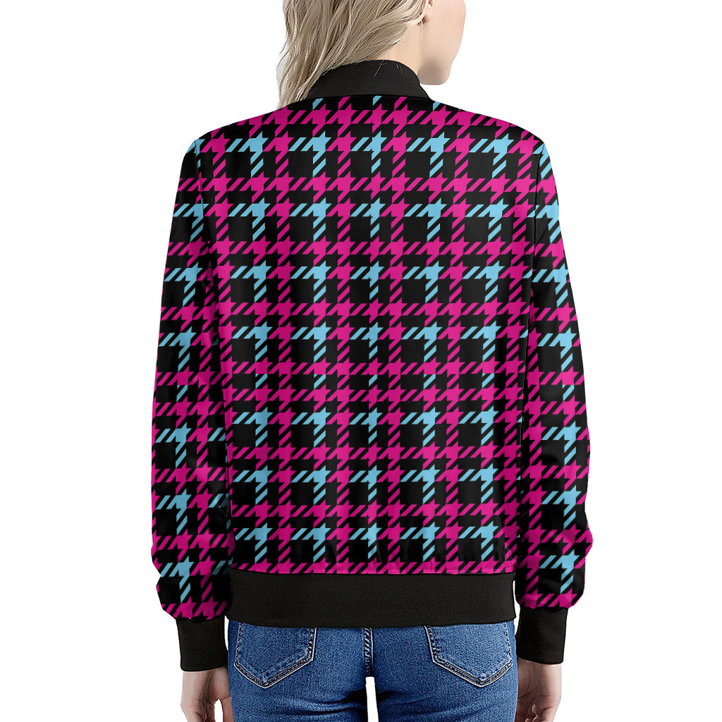 Blue Pink And Black Houndstooth Print Women's Bomber Jacket