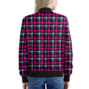 Blue Pink And Black Houndstooth Print Women's Bomber Jacket