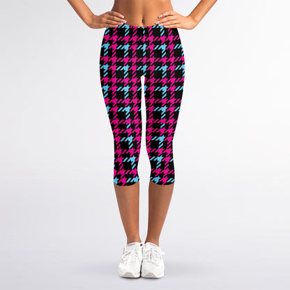 Blue Pink And Black Houndstooth Print Women's Capri Leggings