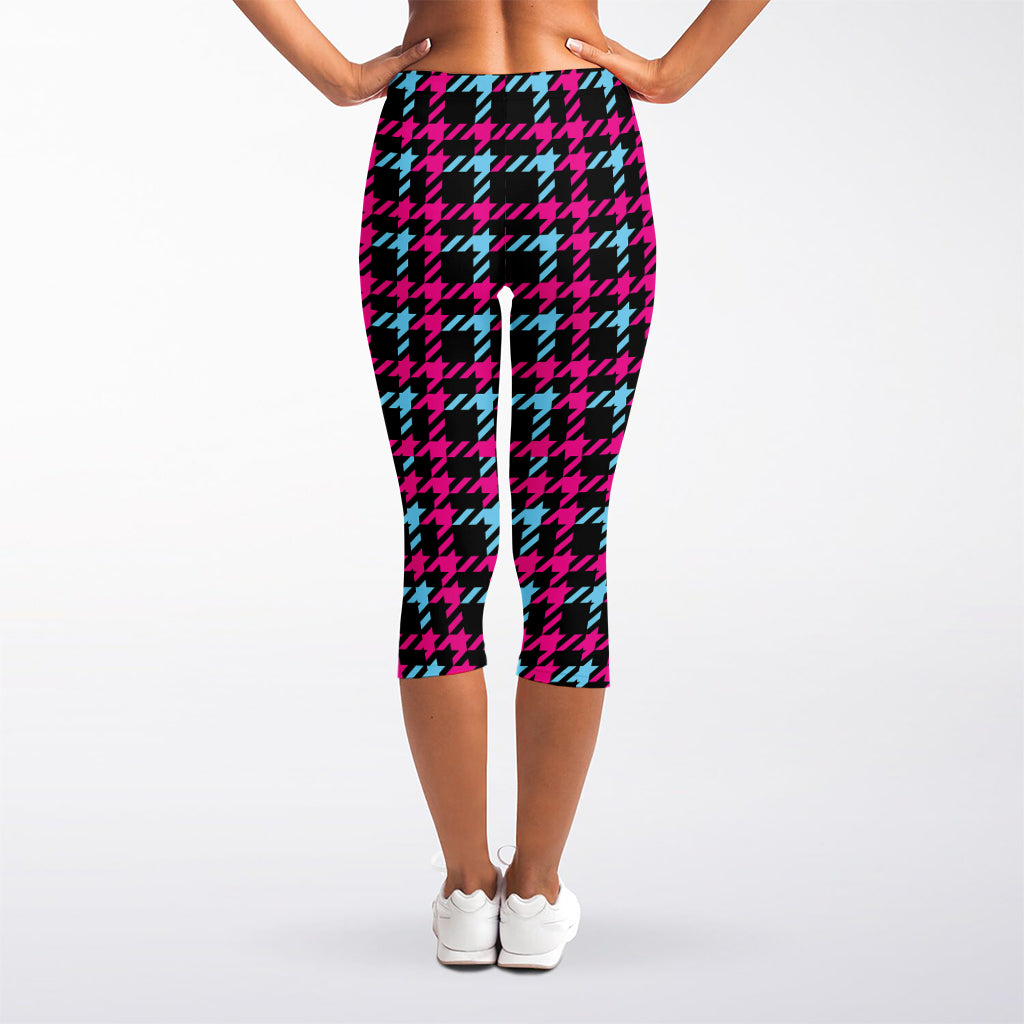 Blue Pink And Black Houndstooth Print Women's Capri Leggings